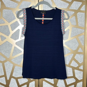 Anthropologie W5 Sleeveless Cami Tank Top Embroidered Trim Navy/Orange